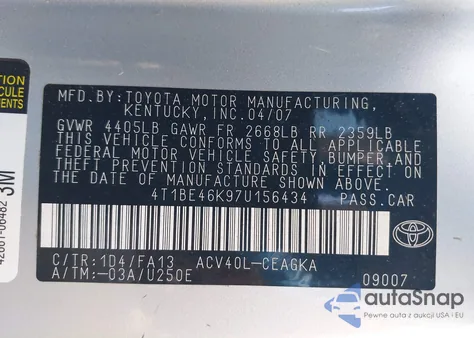2007 Toyota Camry Xle z USA, uszkodzony, nr VIN 4T1BE46K97U156434
